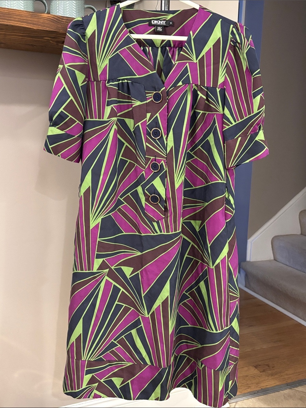 DKNY 100% Silk Geometric Print Shift Dress Size 6 Missing Belt
